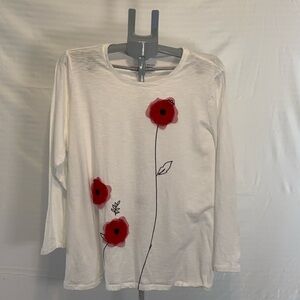 Lane Bryant White Long Sleeve Top with Red Poppy  Accent Floral Design